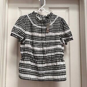 NWT!  J. Crew blouse with peplum waist, white lace, black check, Small